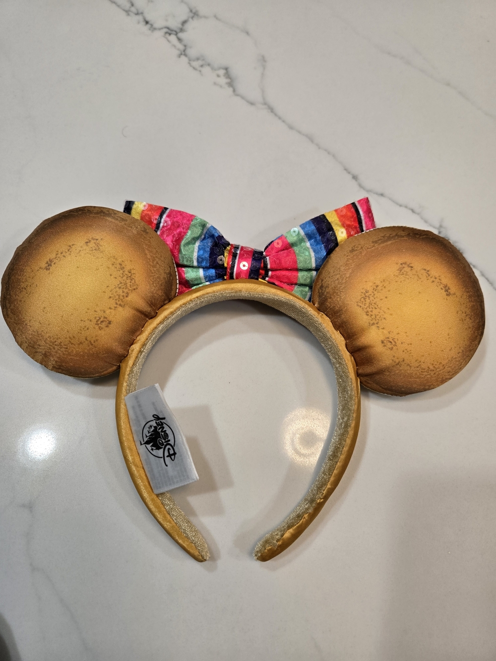 Disney Gold Minnie Ears Headband with Rainbow Sequin Bow